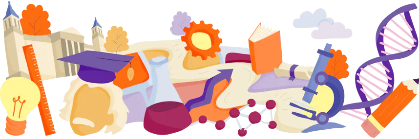 Illustration featuring a variety of academic and scientific symbols, including a graduation cap on top of a profile of Einstein's head, a book, a ruler, a lightbulb, a microscope, a DNA helix, and molecular structure, against a backdrop of a university building with trees and clouds.