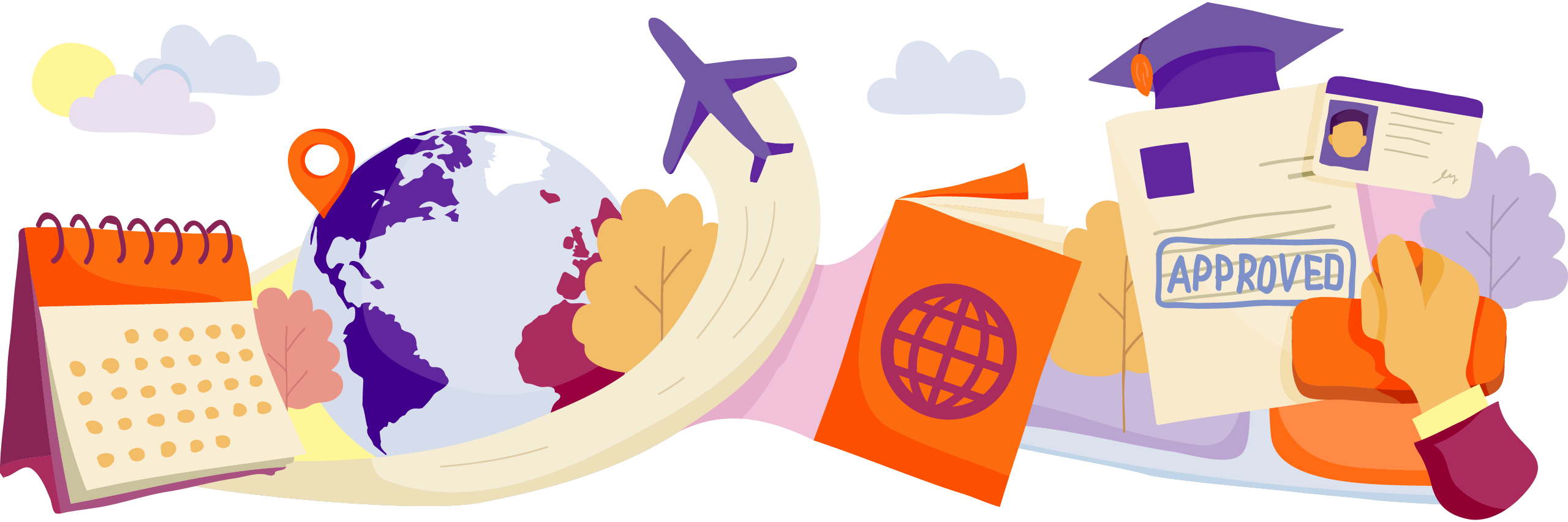 Illustration representing travel planning and visa approval process, featuring a globe, an airplane, a calendar, documents including passport and ID card, and a stamped approval document.