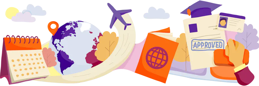 Illustration representing travel planning and visa approval process, featuring a globe, an airplane, a calendar, documents including passport and ID card, and a stamped approval document.