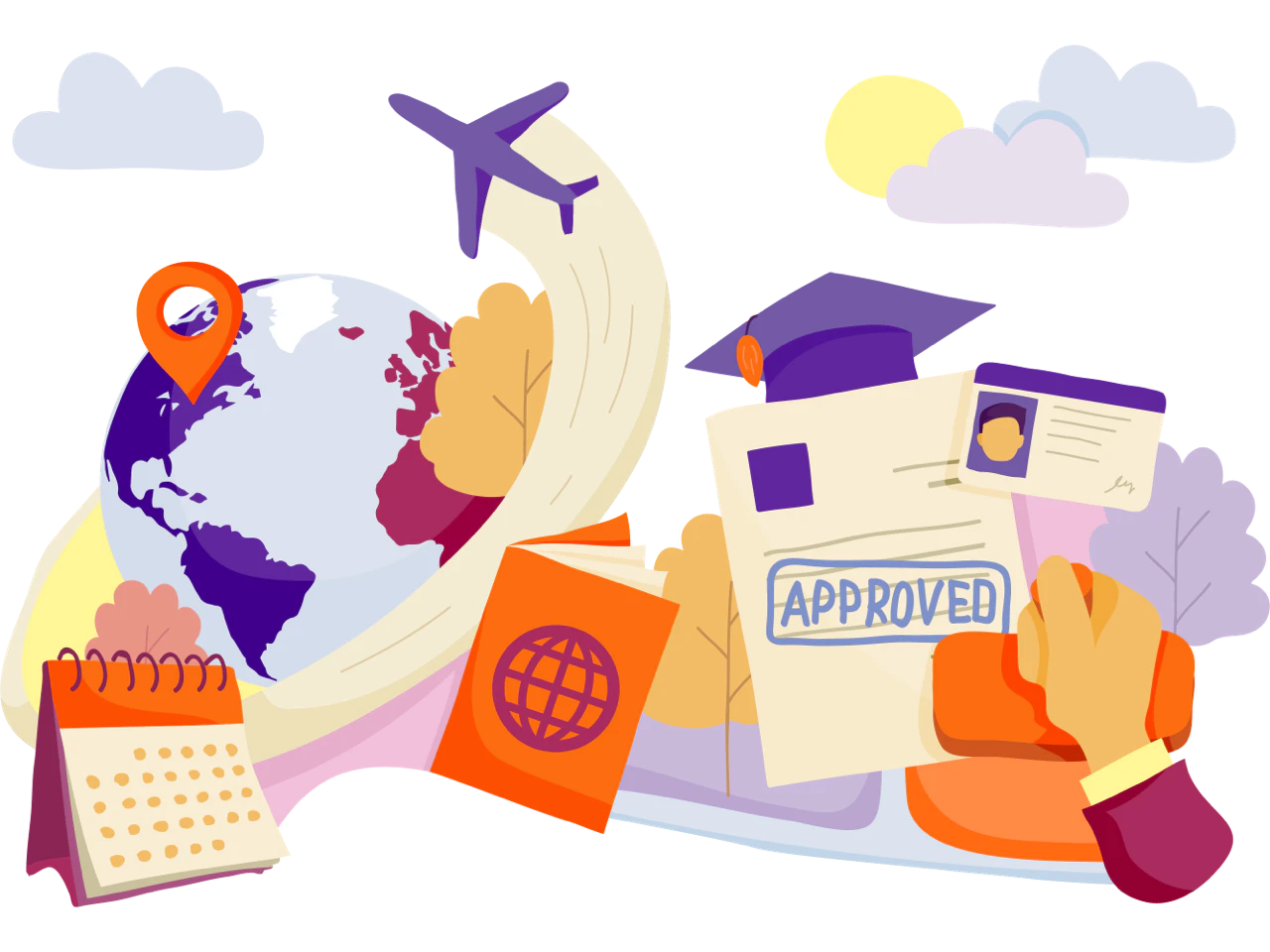 Illustration representing the school process, featuring a globe, an airplane, a calendar, documents including passport and ID card, and a stamped approval document.