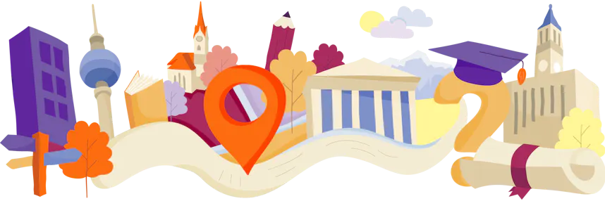 Illustration of famous landmarks like a tower, a classical building, and a modern skyscraper; a location marker, interconnected on a map-like layout with trees and clouds.
