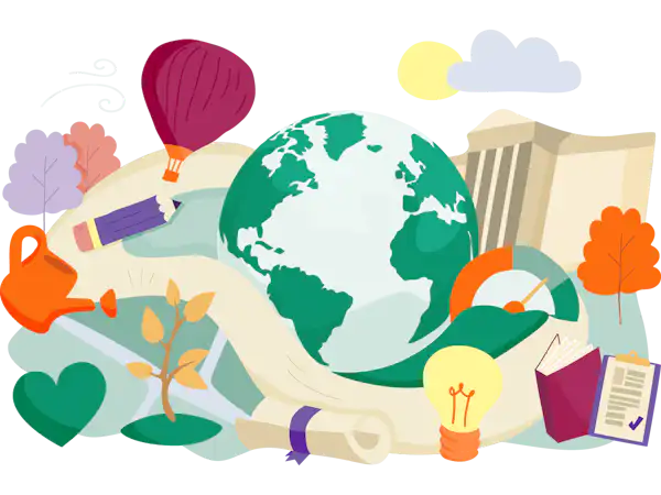 Illustration featuring a globe at the center surrounded by various objects, such as a hot air balloon, a book, a degree scroll, a lightbulb, autumn trees, a watering can, and a heart symbol, depicting themes of sustainability.