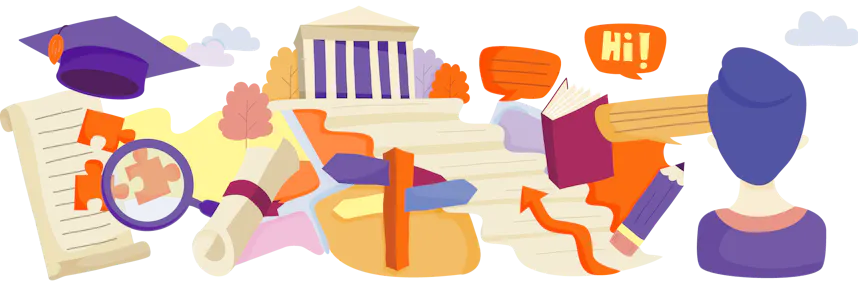 Illustration depicting a student navigating the journey of higher education. Elements include a diploma, graduation cap, magnifying glass with a puzzle piece, books, a "Hi!" speech bubble, and a university building in the background.