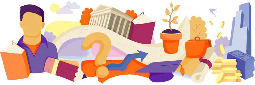 Illustration of a student reading a book, surrounded by various symbolic elements including a scroll, pencil, question mark, briefcase, plant, skyscraper, and coins, representing education and growth.
