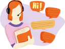 Illustration of a woman with orange hair wearing a headset, holding a book, and engaging in an online conversation with multiple chat bubbles saying "hi!" and other texts.