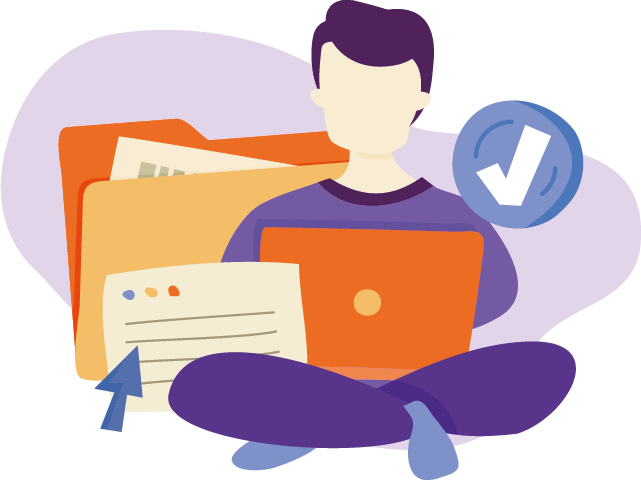 Illustration of a person sitting cross-legged with a laptop on their lap. Behind them is a large orange folder containing documents. There is a check mark within a circle icon to the right, suggesting completion.