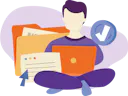 Illustration of a person sitting cross-legged with a laptop on their lap. Behind them is a large orange folder containing documents. There is a check mark within a circle icon to the right, suggesting completion.