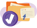 Illustration featuring an orange folder with documents partially visible inside. In front of the folder, there's a sheet of paper with a blue arrow on top. A large purple circle with a white check mark overlaps the folder.