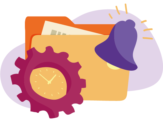 Illustration of an orange folder with documents partially inside, accompanied by a purple bell with sound lines, and a red gear with a clock face in the center.