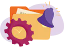 Illustration of an orange folder with documents partially inside, accompanied by a purple bell with sound lines, and a red gear with a clock face in the center.
