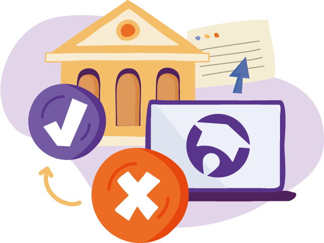 Illustration of a building resembling a bank, a laptop displaying a shield symbol, checkmark and cross icons, and an arrow pointing from a document to the building, representing concepts related to banking, technology, and decision-making.