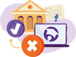 Illustration of a building resembling a bank, a laptop displaying a shield symbol, checkmark and cross icons, and an arrow pointing from a document to the building, representing concepts related to banking, technology, and decision-making.