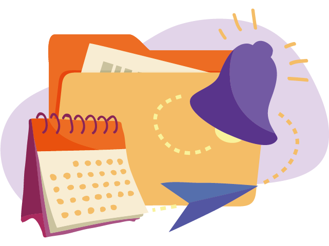 Illustration of an orange folder with a purple notification bell, a calendar, and a blue cursor sitting on top.
