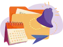 Illustration of an orange folder with a purple notification bell, a calendar, and a blue cursor sitting on top.