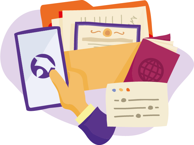 Illustration of a hand holding a smartphone with a Studee logo, surrounded by a passport, a folder with papers and certificates, and a form.