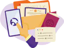 Illustration of a hand holding a smartphone with a Studee logo, surrounded by a passport, a folder with papers and certificates, and a form.