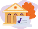 Illustration of a classical building representing a university with an orange tree beside it and a laptop with a check mark in front.