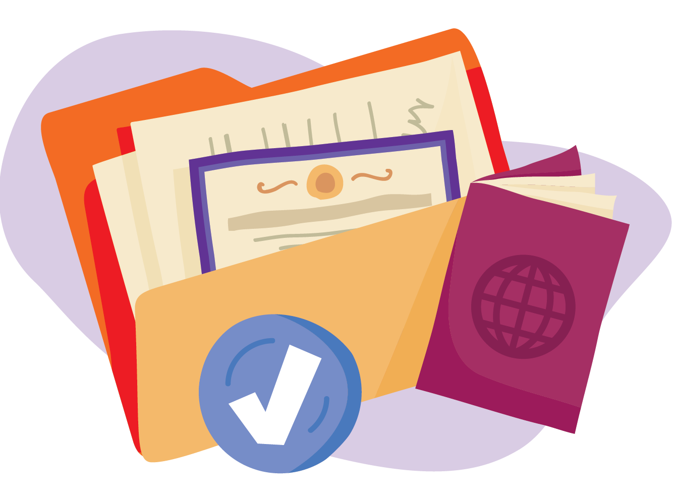 Illustration of a folder with documents, a certificate, and a passport, with a blue checkmark badge in front.