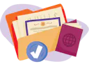 Illustration of a folder with documents, a certificate, and a passport, with a blue checkmark badge in front.