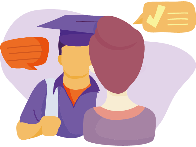 Illustration of a graduate in a purple cap and gown facing an advisor, who has their back facing out. Speech bubbles with lines and a check mark float around them, suggesting a conversation or advice about studying abroad.