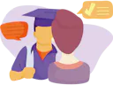 Illustration of a graduate in a purple cap and gown facing an advisor, who has their back facing out. Speech bubbles with lines and a check mark float around them, suggesting a conversation or advice about studying abroad.