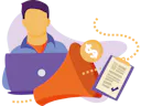 Illustration of a person using a laptop, with an orange filter beside them. A dollar symbol and a clipboard with a checklist are entering the filter, symbolizing filtering and matching to your needs.