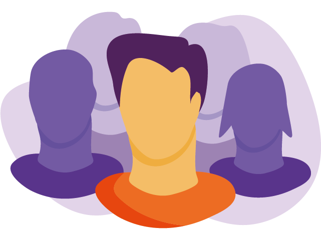 Illustration of a central figure with short hair in an orange shirt, surrounded by four silhouettes in shades of purple.