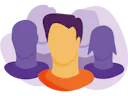Illustration of a central figure with short hair in an orange shirt, surrounded by four silhouettes in shades of purple.