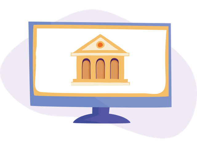 Illustration of a computer monitor with a university building with columns and triangular roof on the screen.