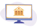 Illustration of a computer monitor with a university building with columns and triangular roof on the screen.