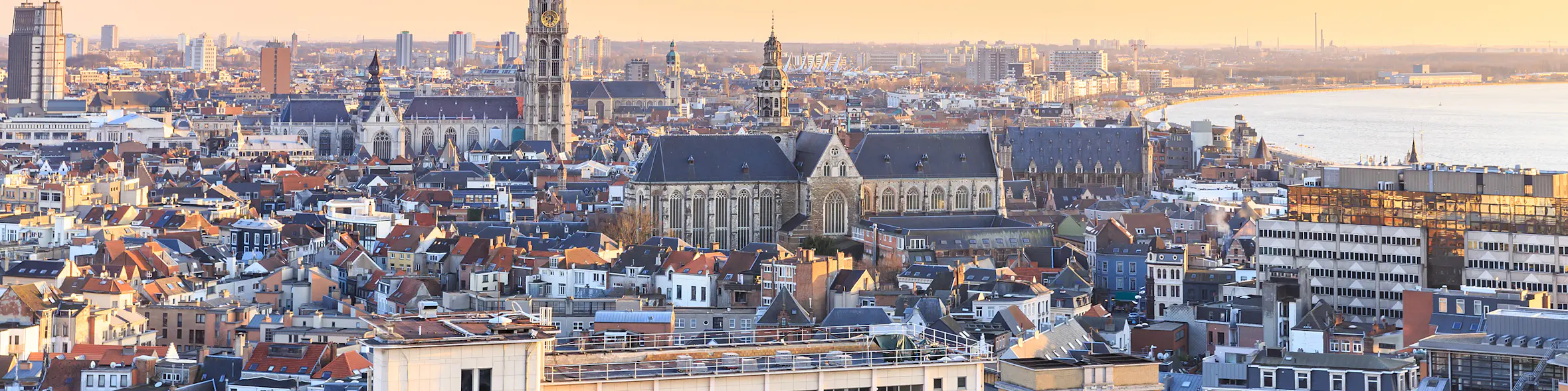 A cityscape of Antwerp in Belgium featuring iconic elements of Antwerp's architectural landmarks.