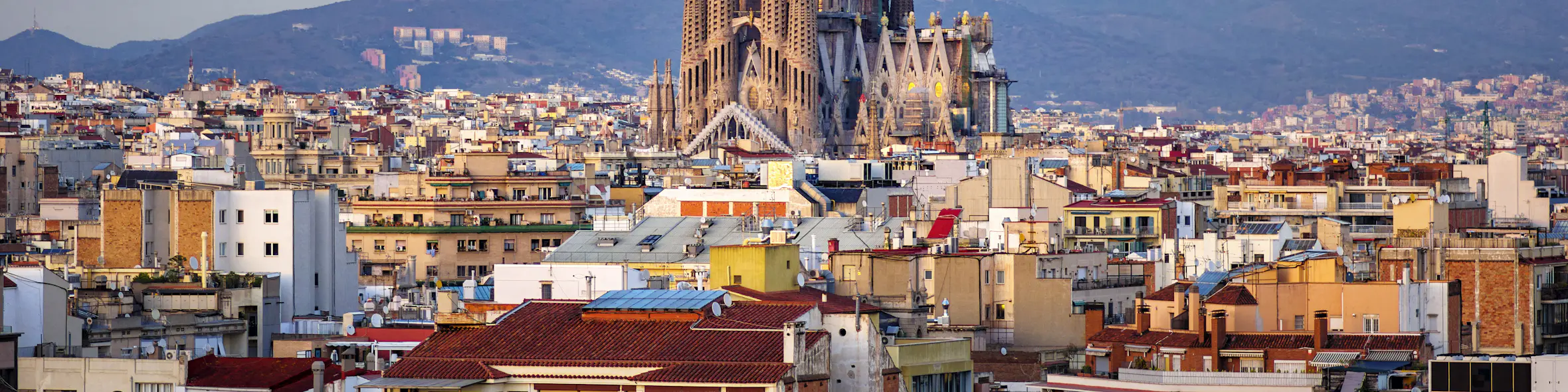 A cityscape of Barcelona in Spain featuring iconic elements of Barcelona's architectural landmarks.