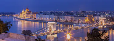 A cityscape of Budapest in Hungary featuring iconic elements of Budapest's architectural landmarks.