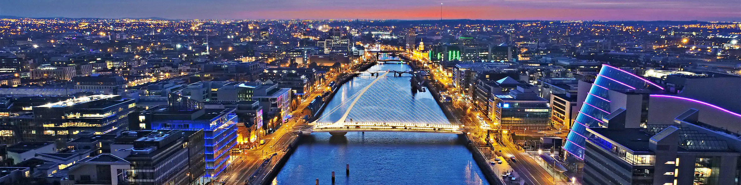 A cityscape of Dublin in Ireland featuring iconic elements of Dublin's architectural landmarks.