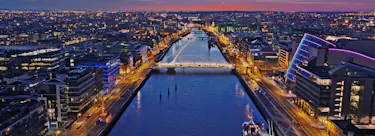 A cityscape of Dublin in Ireland featuring iconic elements of Dublin's architectural landmarks.