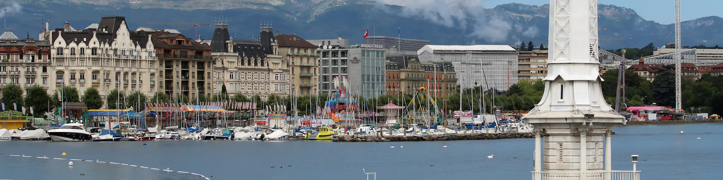 A cityscape of Geneva in Switzerland featuring iconic elements of Geneva's architectural landmarks.