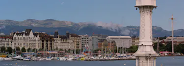 A cityscape of Geneva in Switzerland featuring iconic elements of Geneva's architectural landmarks.