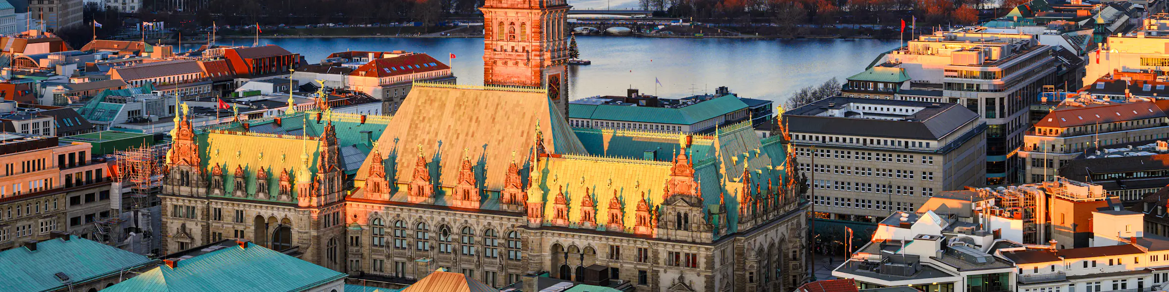A cityscape of Hamburg in Germany featuring iconic elements of Hamburg's architectural landmarks.