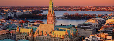 A cityscape of Hamburg in Germany featuring iconic elements of Hamburg's architectural landmarks.