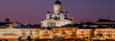 A cityscape of Helsinki in Finland featuring iconic elements of Helsinki's architectural landmarks.