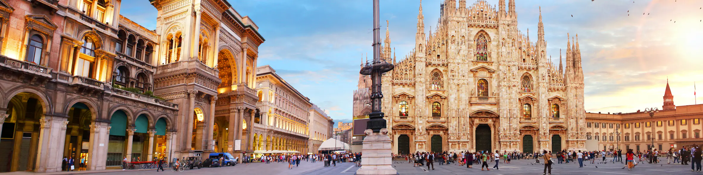 A cityscape of Milan in Italy featuring iconic elements of Milan's architectural landmarks.