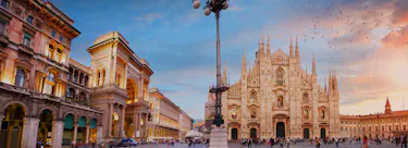 A cityscape of Milan in Italy featuring iconic elements of Milan's architectural landmarks.