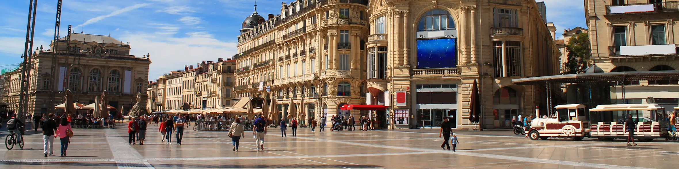 A cityscape of Montpellier in France featuring iconic elements of Montpellier's architectural landmarks.