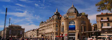 A cityscape of Montpellier in France featuring iconic elements of Montpellier's architectural landmarks.