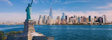 A cityscape of New York City, New York in the USA featuring iconic elements of New York City, New York's architectural landmarks.