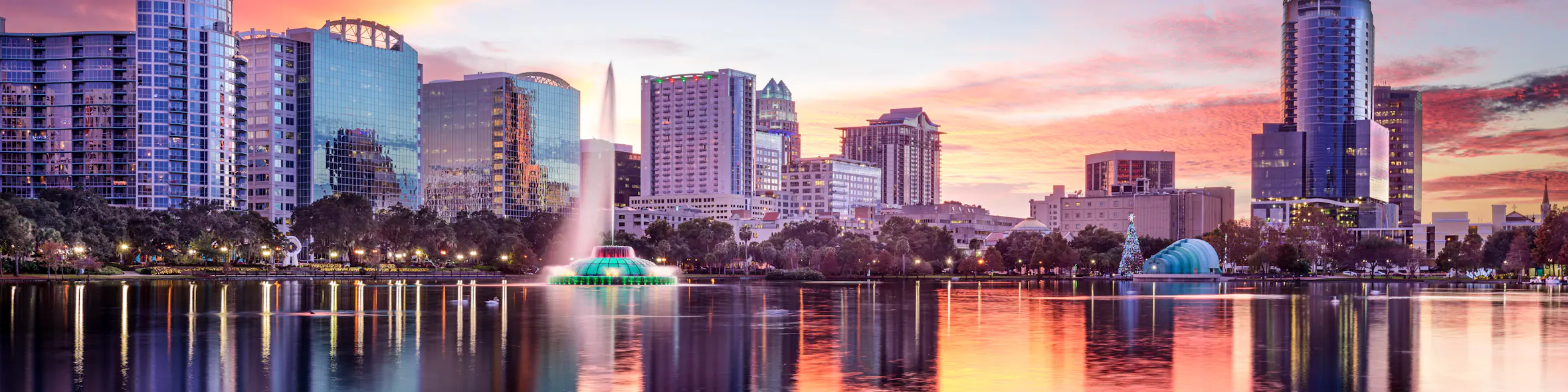 A cityscape of Orlando, Florida in the USA featuring iconic elements of Orlando, Florida's architectural landmarks.