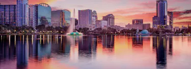 A cityscape of Orlando, Florida in the USA featuring iconic elements of Orlando, Florida's architectural landmarks.