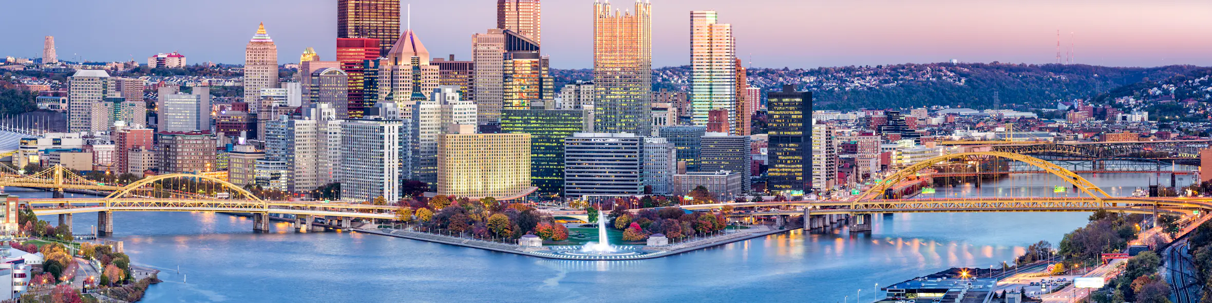 A cityscape of Pittsburgh, Pennsylvania in the USA featuring iconic elements of Pittsburgh, Pennsylvania's architectural landmarks.