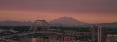 A cityscape of Portland, Oregon in the USA featuring iconic elements of Portland, Oregon's architectural landmarks.