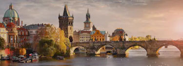 A cityscape of Prague in Czech Republic featuring iconic elements of Prague's architectural landmarks.